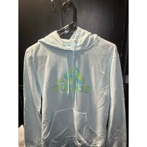 Adidas Pastel Blue Hoodie with Multicolor Logo - Women’s Medium